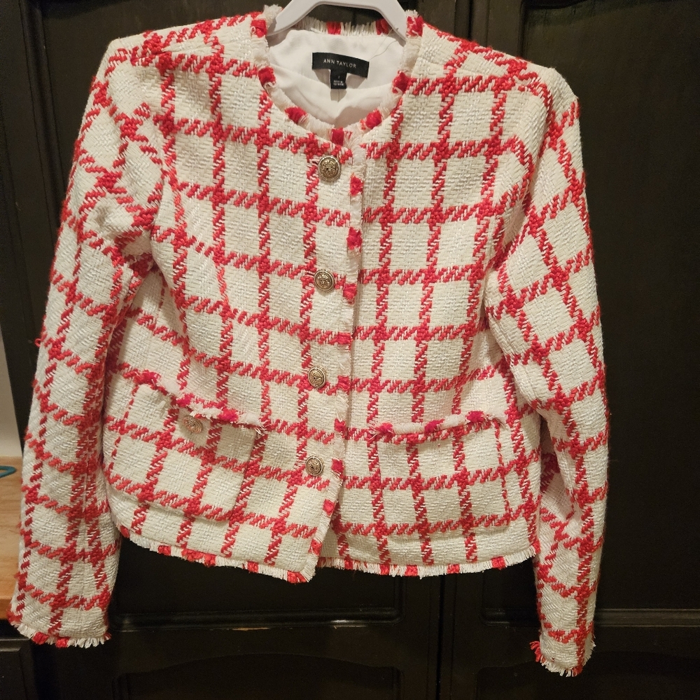 NWOT Ann Taylor "Lady" Jacket Red & Cream Tweed Lined Gold Nautical Hardware